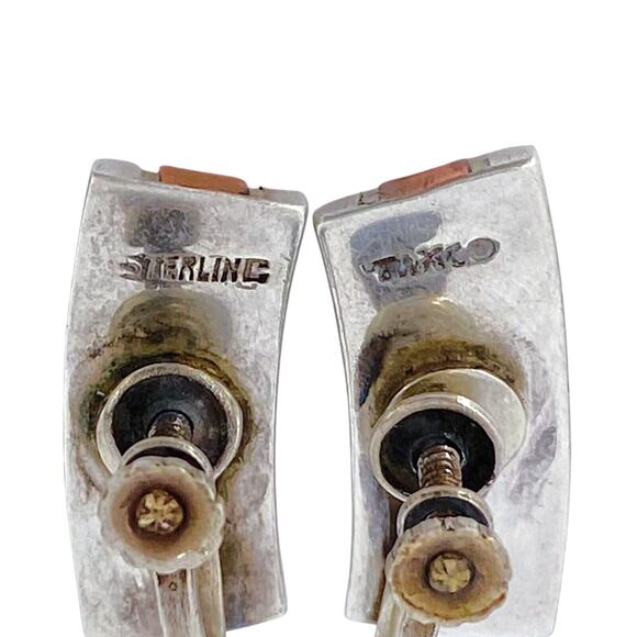 Copper Tri Panel Screw Back Earrings | Vintage Estate Sterling Silver 925 - Picture 4 of 11